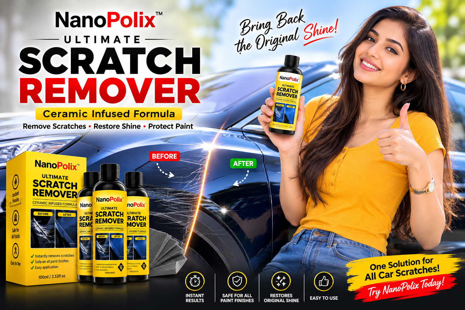 NanoPolix Ultimate Scratch Remover ceramic infused formula bottle and box with before and after car paint results